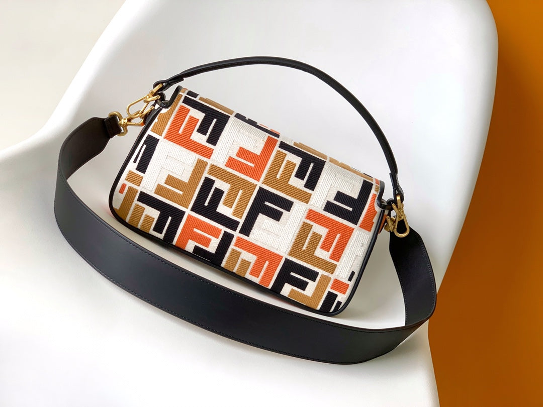 Fend Baguette Black White Brown Orange Canvas Bag 27 with FF Embroidery Ghw mysite