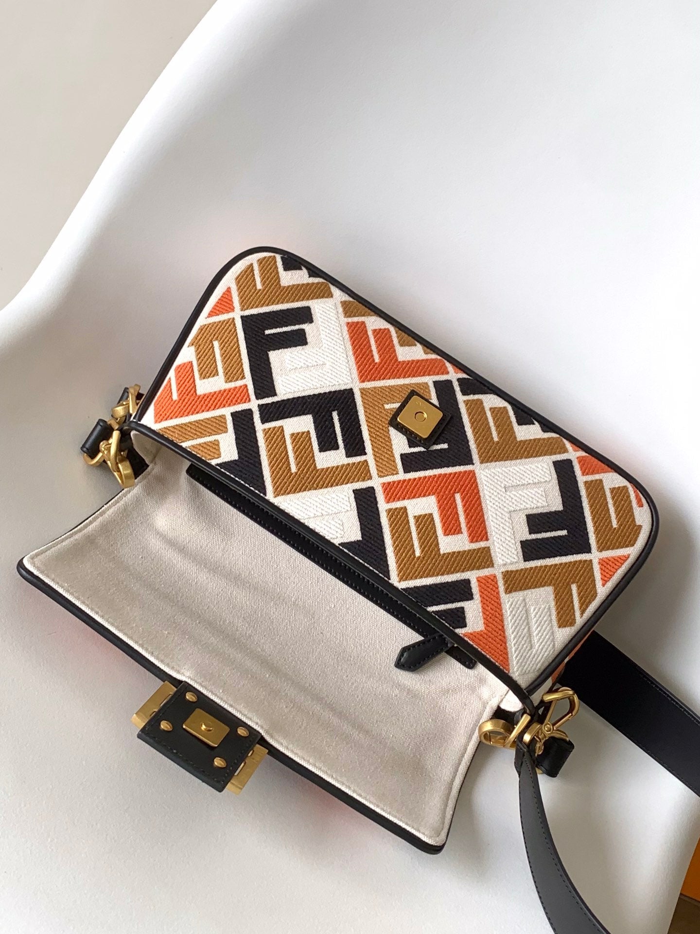 Fend Baguette Black White Brown Orange Canvas Bag 27 with FF Embroidery Ghw mysite
