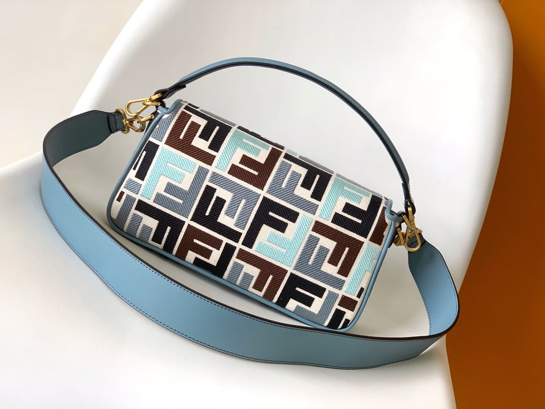 Fend Baguette Sky Blue and Multicolour Canvas Bag 27 with FF Embroidery Ghw mysite