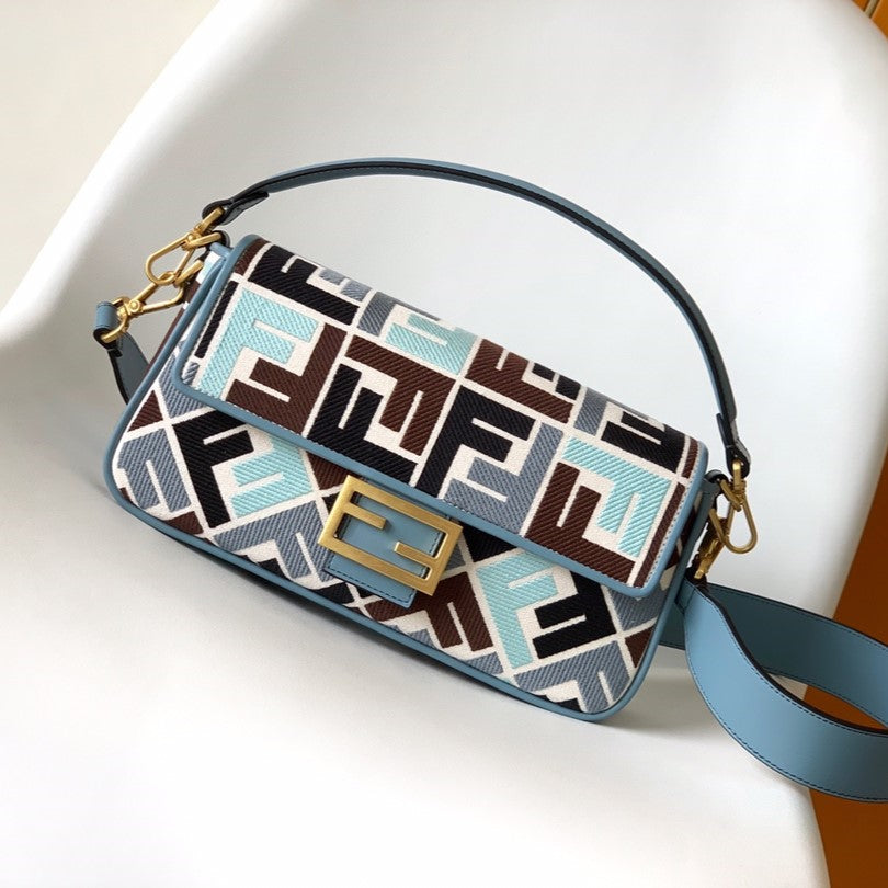 Fend Baguette Sky Blue and Multicolour Canvas Bag 27 with FF Embroidery Ghw mysite