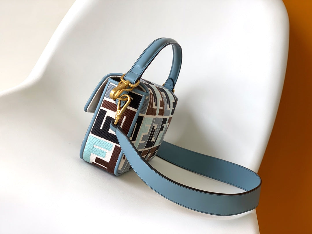 Fend Baguette Sky Blue and Multicolour Canvas Bag 27 with FF Embroidery Ghw mysite