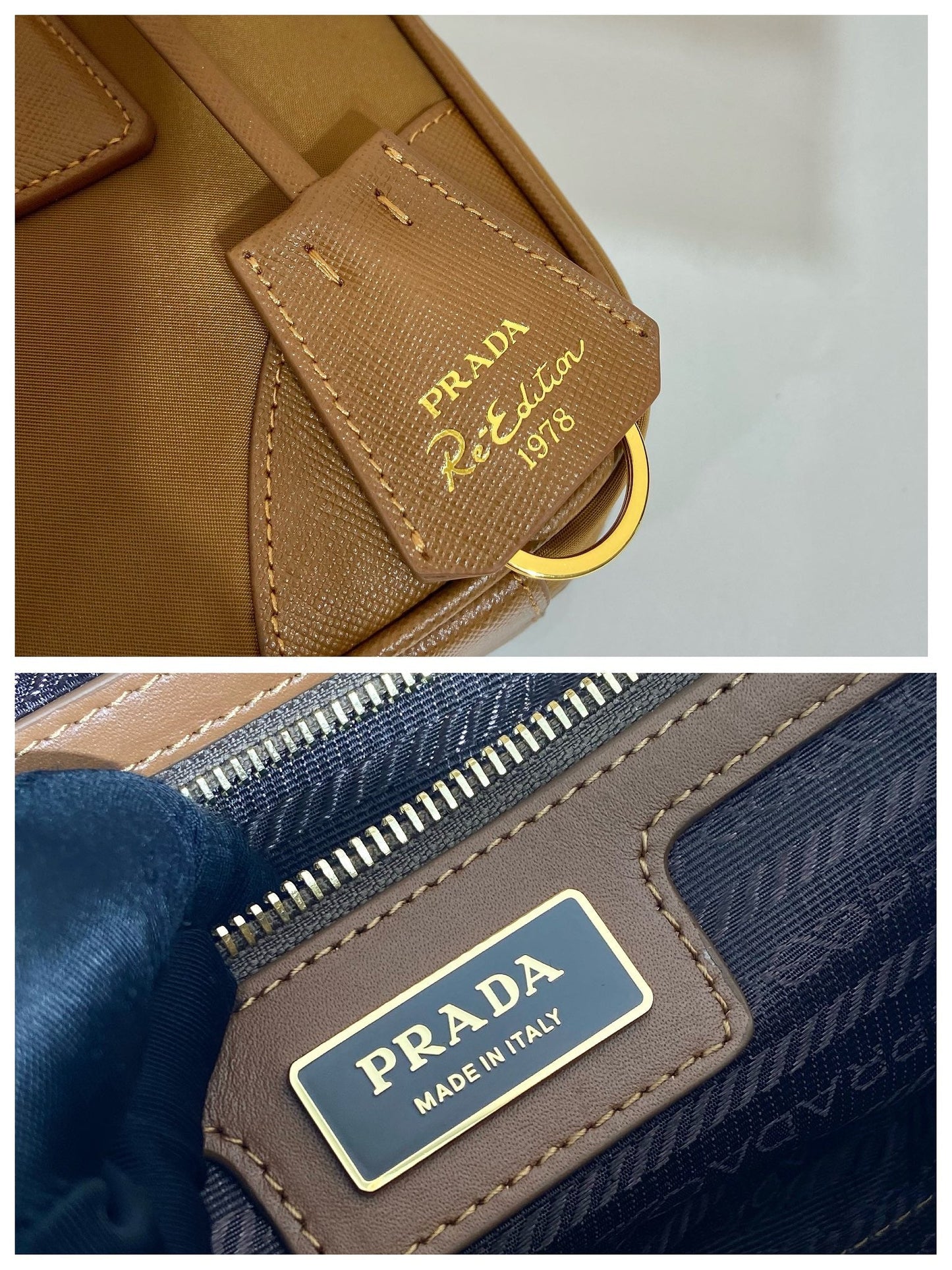 SMALL TOP HANDLE BAG 25 IN GOLDEN BROWN NYLON AND CALFSKIN TRIM