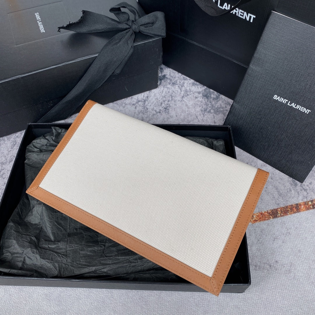 UPTOWN POUCH 27 IN WHITE CANVAS AND BROWN LEATHER TRIM GOLD LOGO mysite