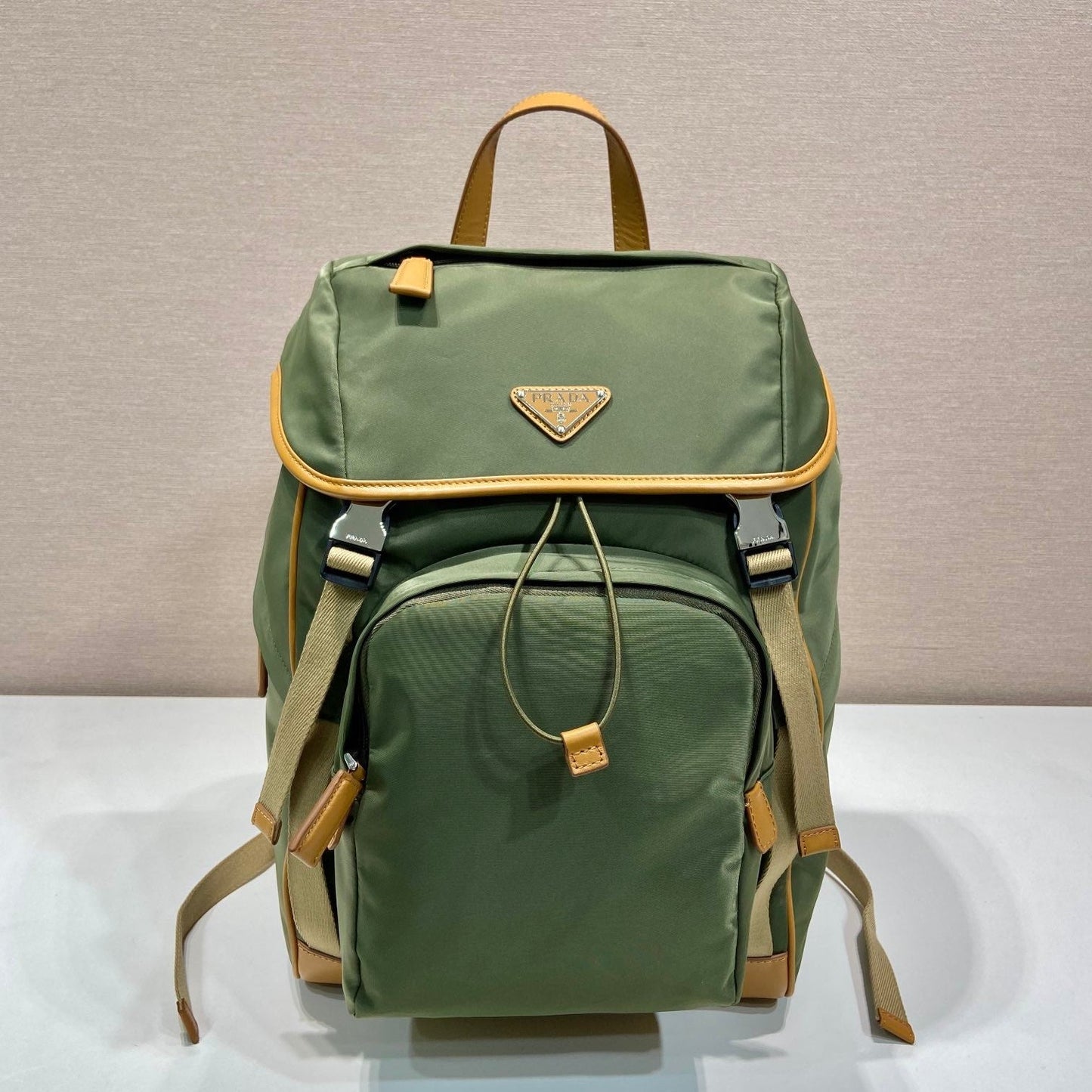 BACKPACK 45 IN SEAWEED GREEN RE-NYLON AND BROWN CALFSKIN TRIM mysite