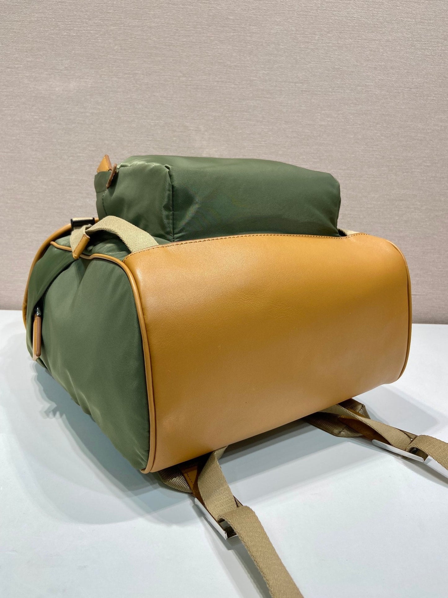 BACKPACK 45 IN SEAWEED GREEN RE-NYLON AND BROWN CALFSKIN TRIM mysite
