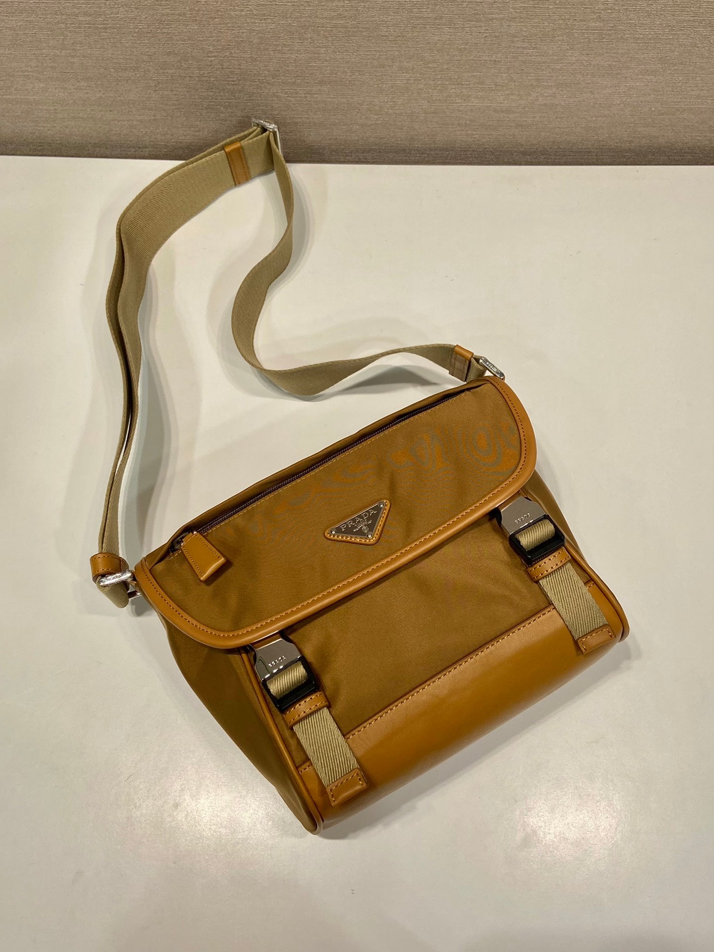 SMALL FLAP BAG 20 IN CIDER BROWN RE-NYLON AND CALFSKIN TRIM mysite