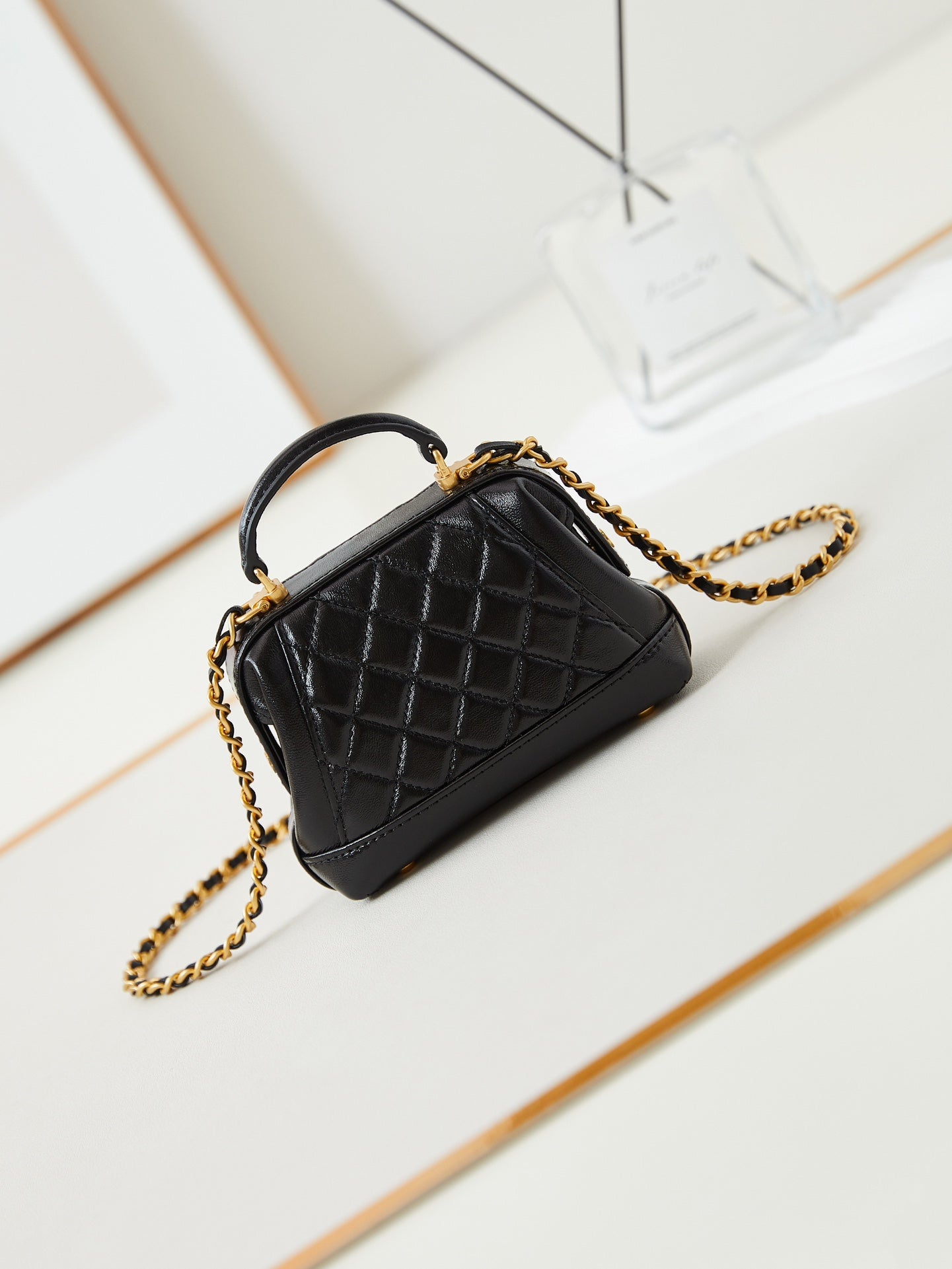CC 24A Mini Top Handle 13cm Black Wax Leather Gold Hardware 238455 mysite