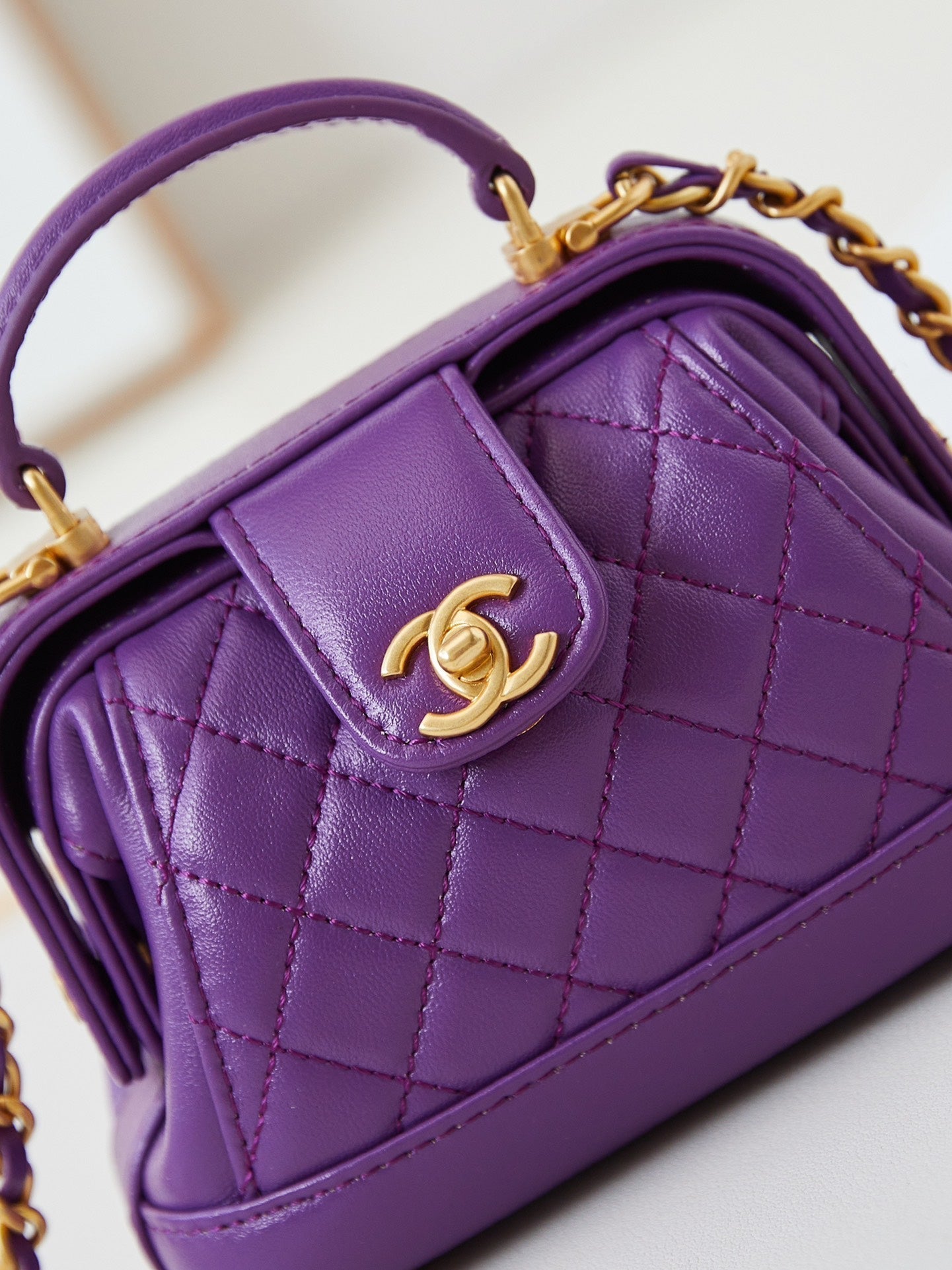 CC 24A Mini Top Handle 13cm Purple Wax Leather Gold Hardware 238457 mysite