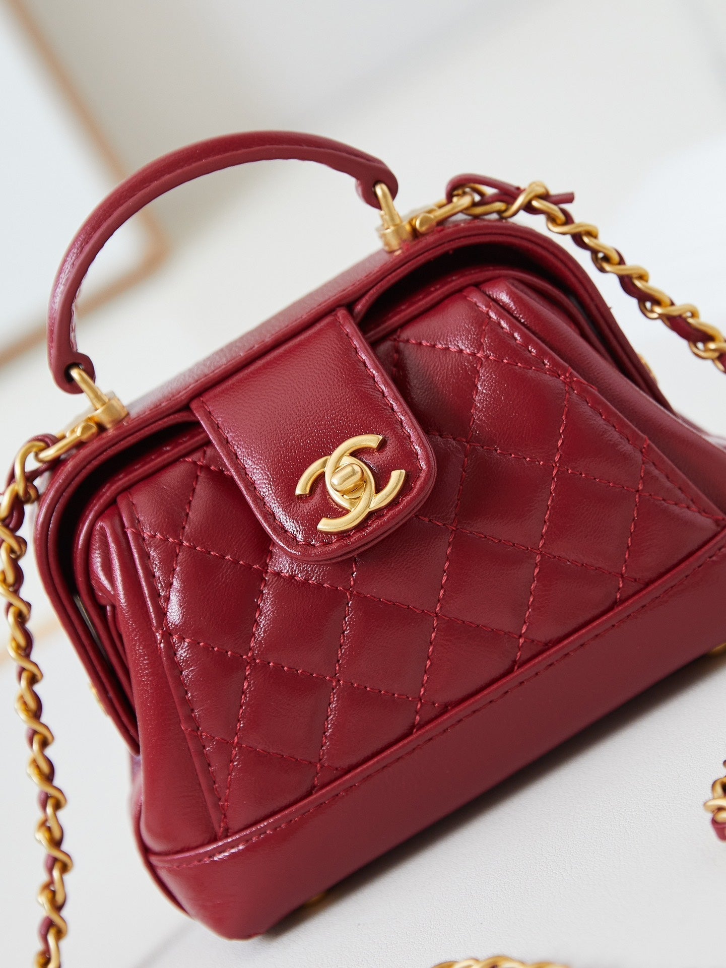 CC 24A Mini Top Handle 13cm Red Wax Leather Gold Hardware 238461 mysite