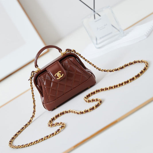 CC 24A Mini Top Handle 13cm Brown Wax Leather Gold Hardware 238463 mysite