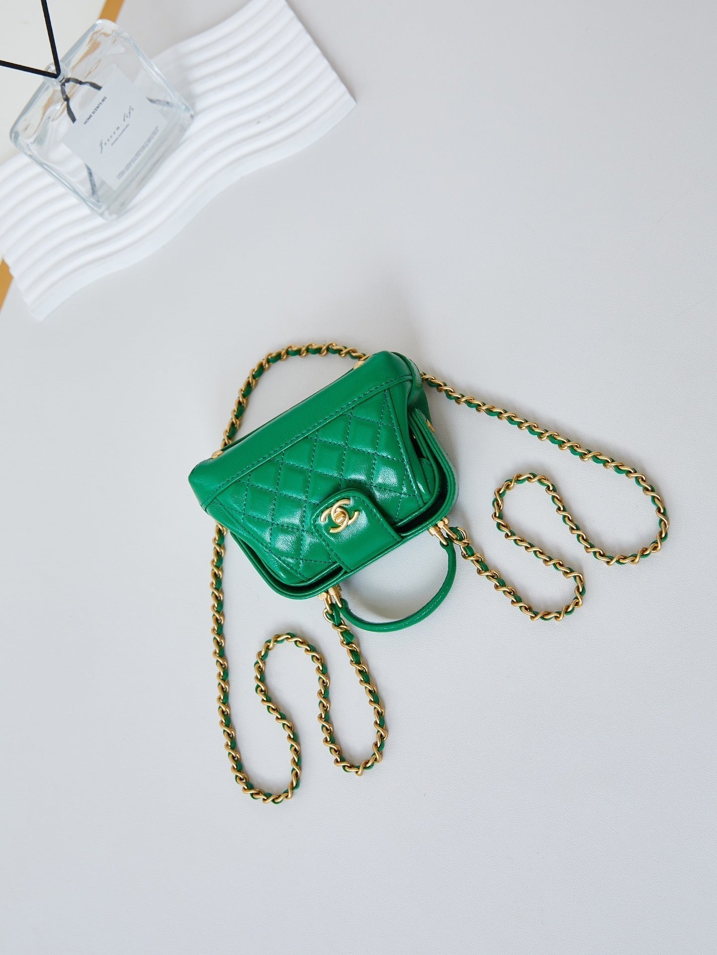 CC 24A Mini Top Handle 13cm Green Wax Leather Gold Hardware 238465 mysite