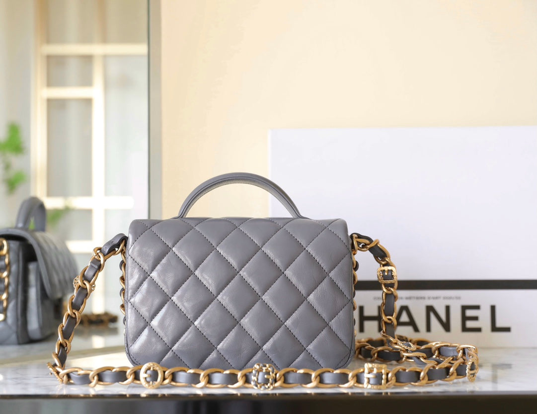 cc 24a flap bag 20cm top handle grey lambskin gold hardware mysite