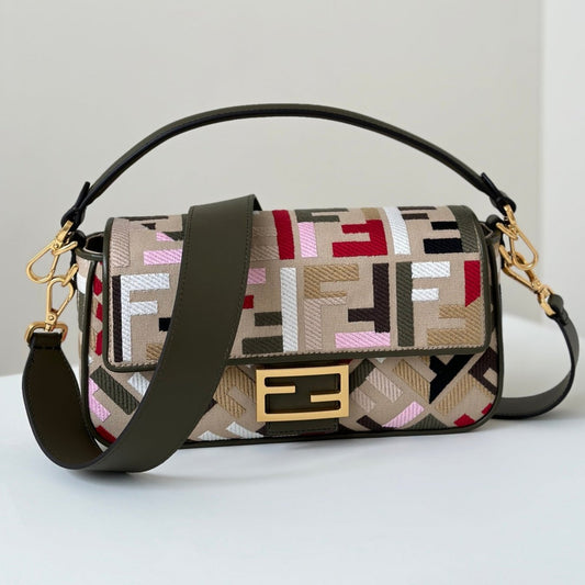 BAGUETTE CANVAS 27 BAG WITH MULTICOLOUR FF EMBROIDERY GOLD HARDWARE mysite