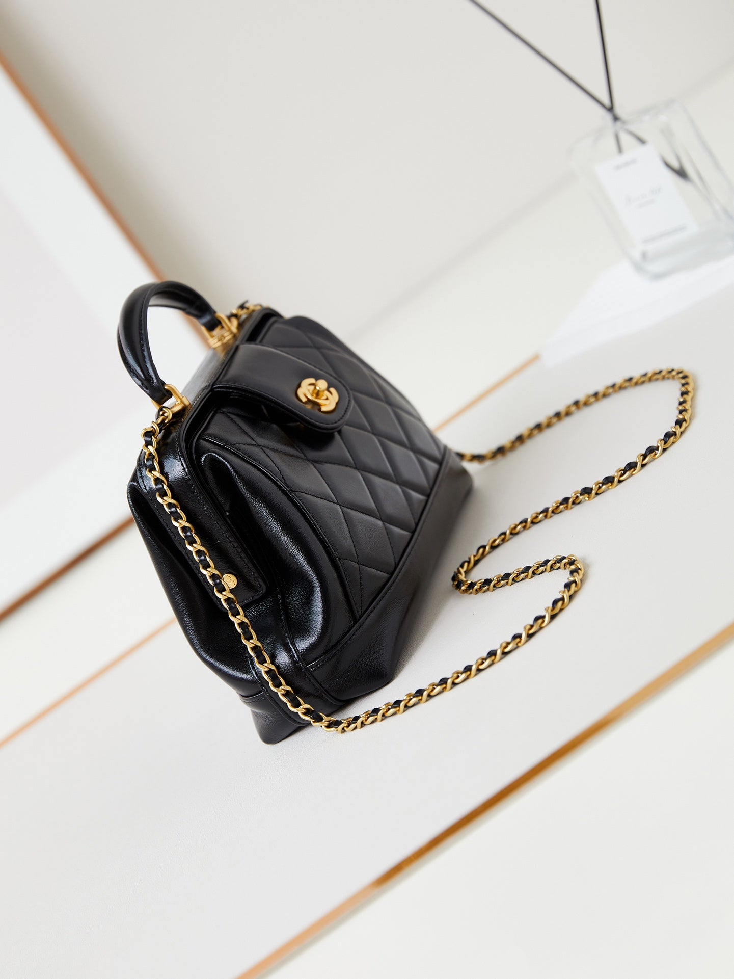 CC 24A Top Handle 23.5cm Black Wax Leather Gold Hardware 238469 mysite