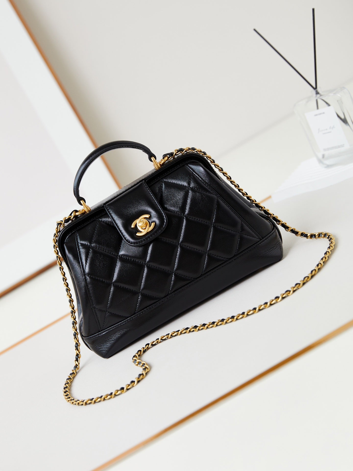 CC 24A Top Handle 23.5cm Black Wax Leather Gold Hardware 238469 mysite