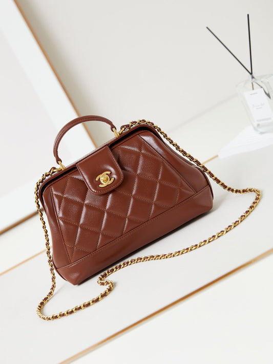 CC 24A Top Handle 23.5cm Brown Wax Leather Gold Hardware 238471 mysite