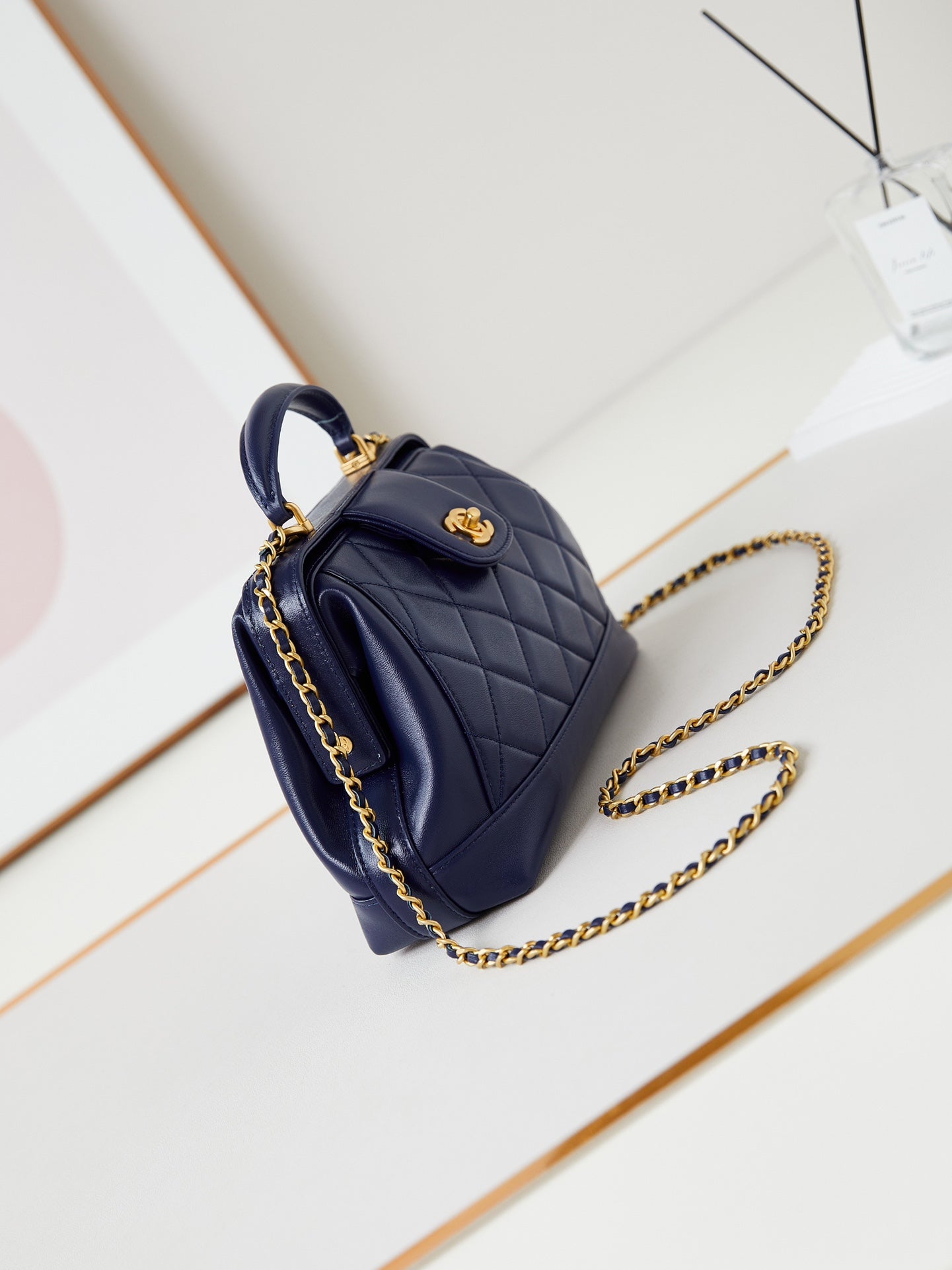 CC 24A Top Handle 23.5cm Night Blue Wax Leather Gold Hardware 238473 mysite