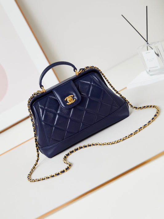 CC 24A Top Handle 23.5cm Night Blue Wax Leather Gold Hardware 238473 mysite