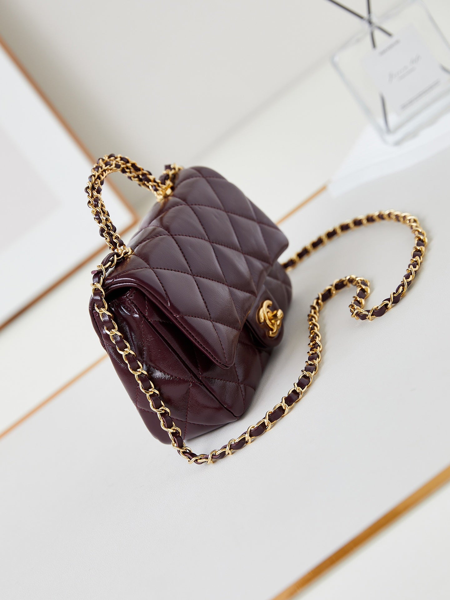 CC Flap Bag With Top Handle 19cm Wine Red Sheepskin Gold Hardware 238483 mysite