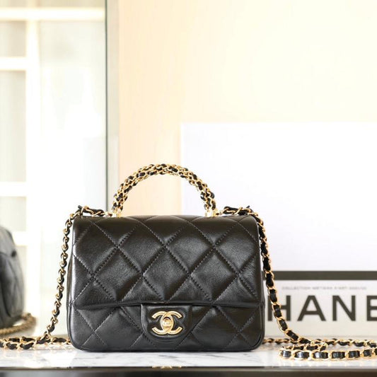 24B Mini Flap Bag With Top Handle 19cm Black Lambskin mysite