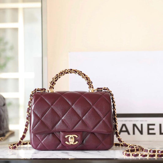 24B Mini Flap Bag With Top Handle 19cm Burgundy Lambskin mysite