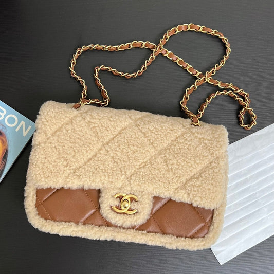 Flap Bag Small 23cm Beige Brown Sherling Lambskin Gold Hardware mysite