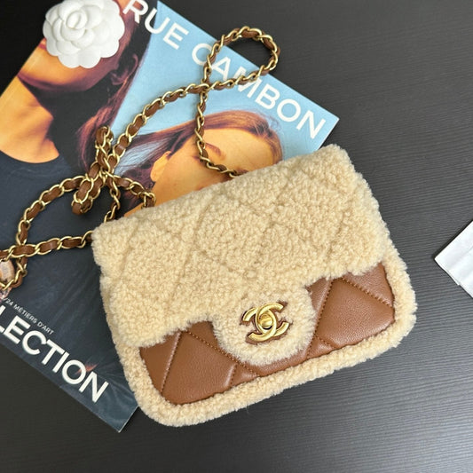 Flap Bag Mini 18cm Beige Brown Sherling Lambskin Gold Hardware mysite