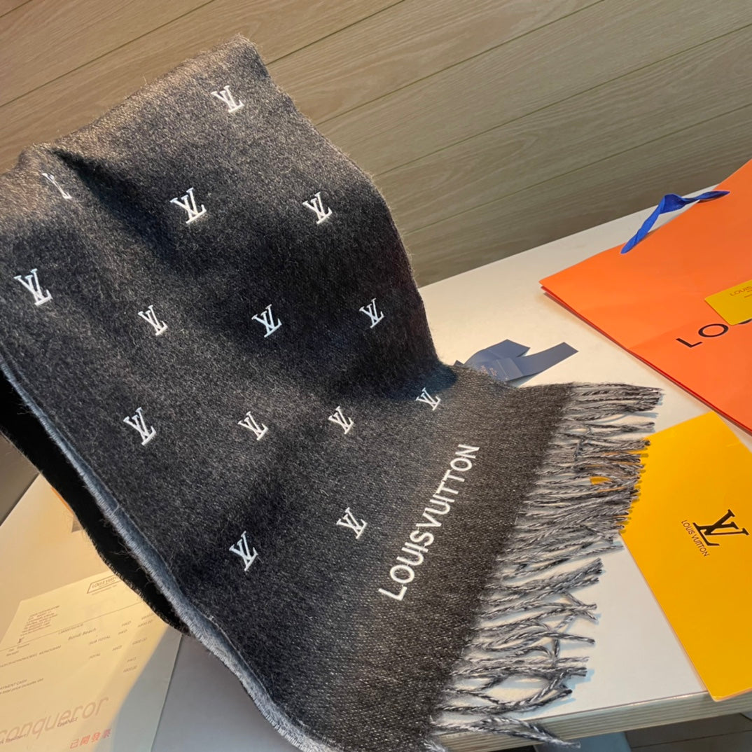 SCARF 190 CM IN BLACK CASHMERE WITH WHITE LOGO 396326 mysite