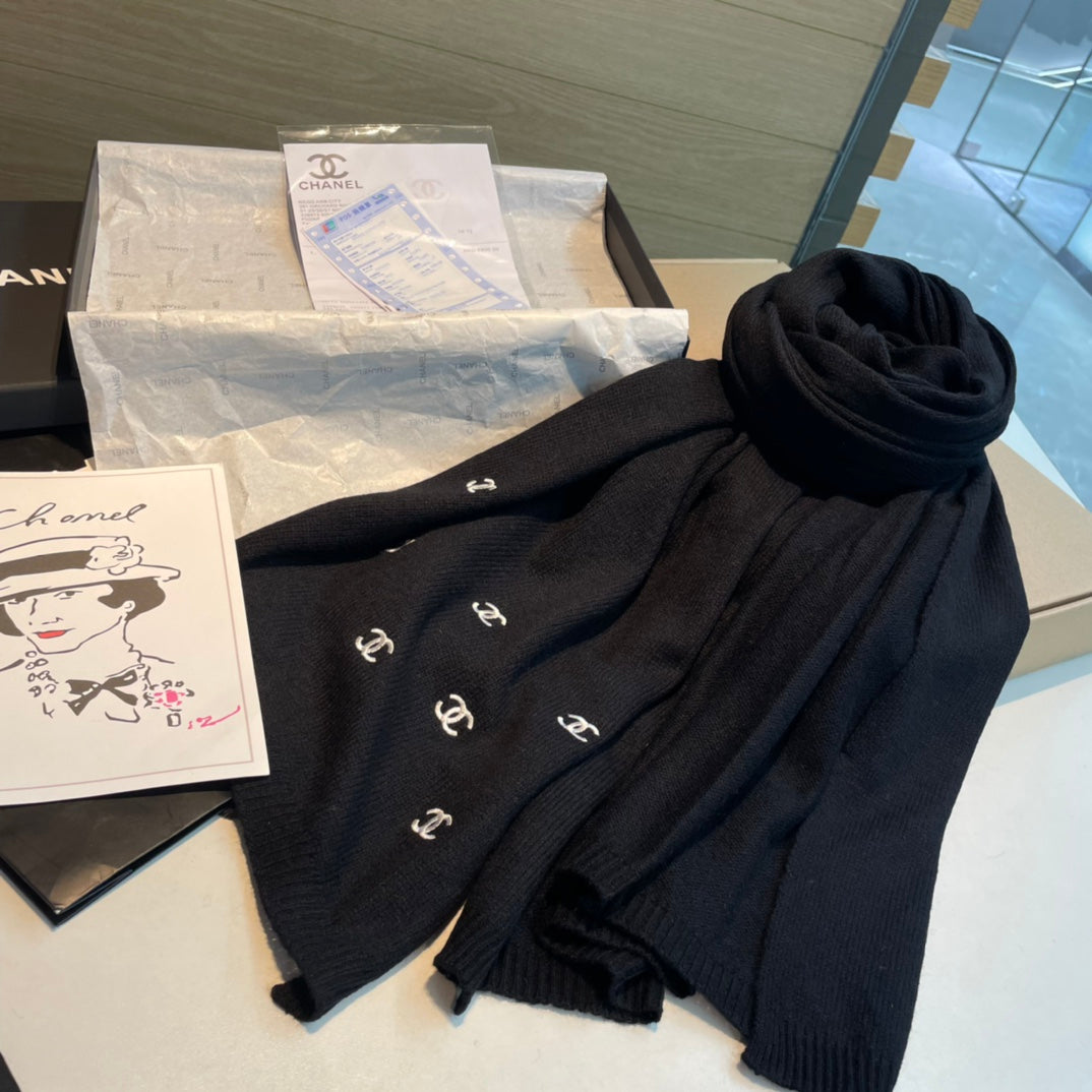 SCARF 190 CM IN BLACK CASHMERE WITH EMBROIDERED LOGO 402002 mysite