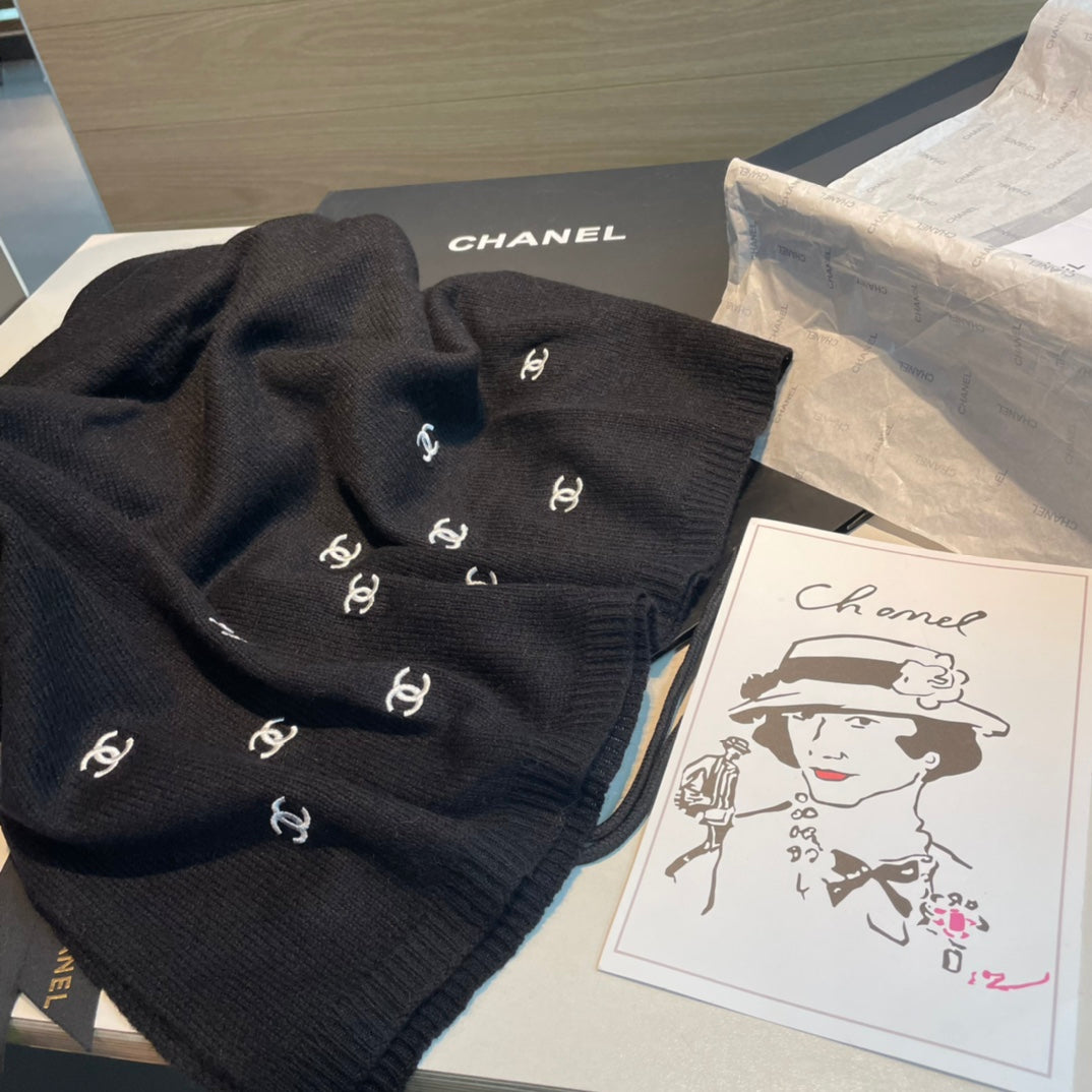 SCARF 190 CM IN BLACK CASHMERE WITH EMBROIDERED LOGO 402002 mysite
