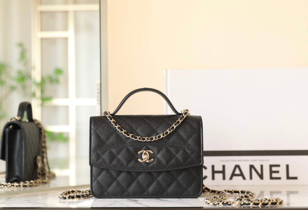 25C Flap Bag With Top Handle 18cm Black Grained Calfskin mysite