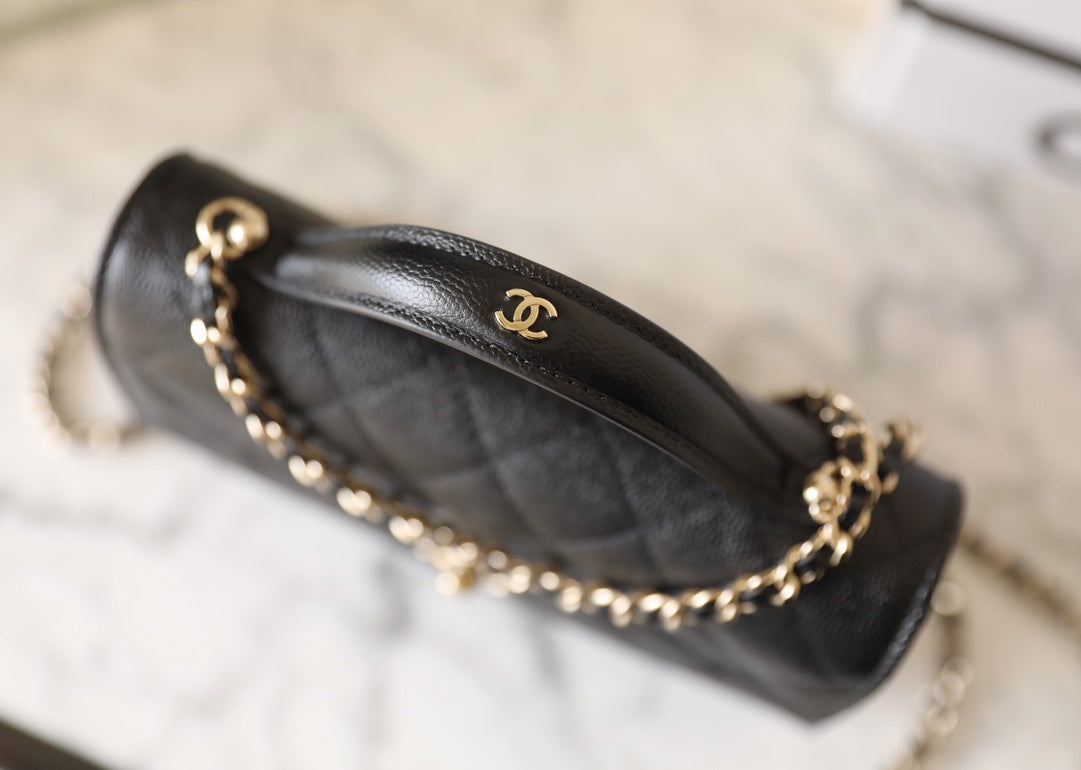 25C Flap Bag With Top Handle 18cm Black Grained Calfskin mysite