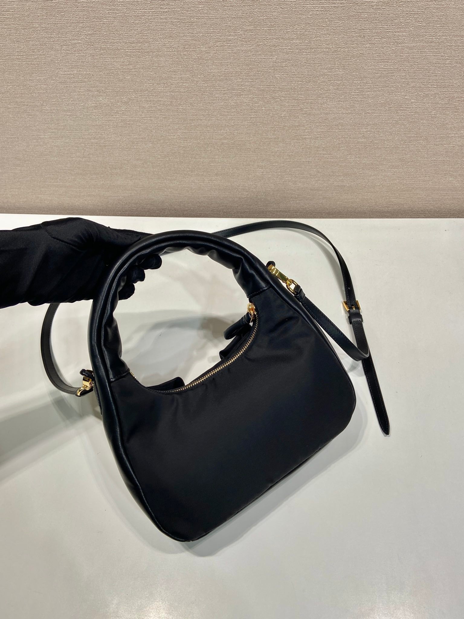 BOW HOBO BAG 22 IN BLACK RE-NYLON AND LAMBSKIN mysite