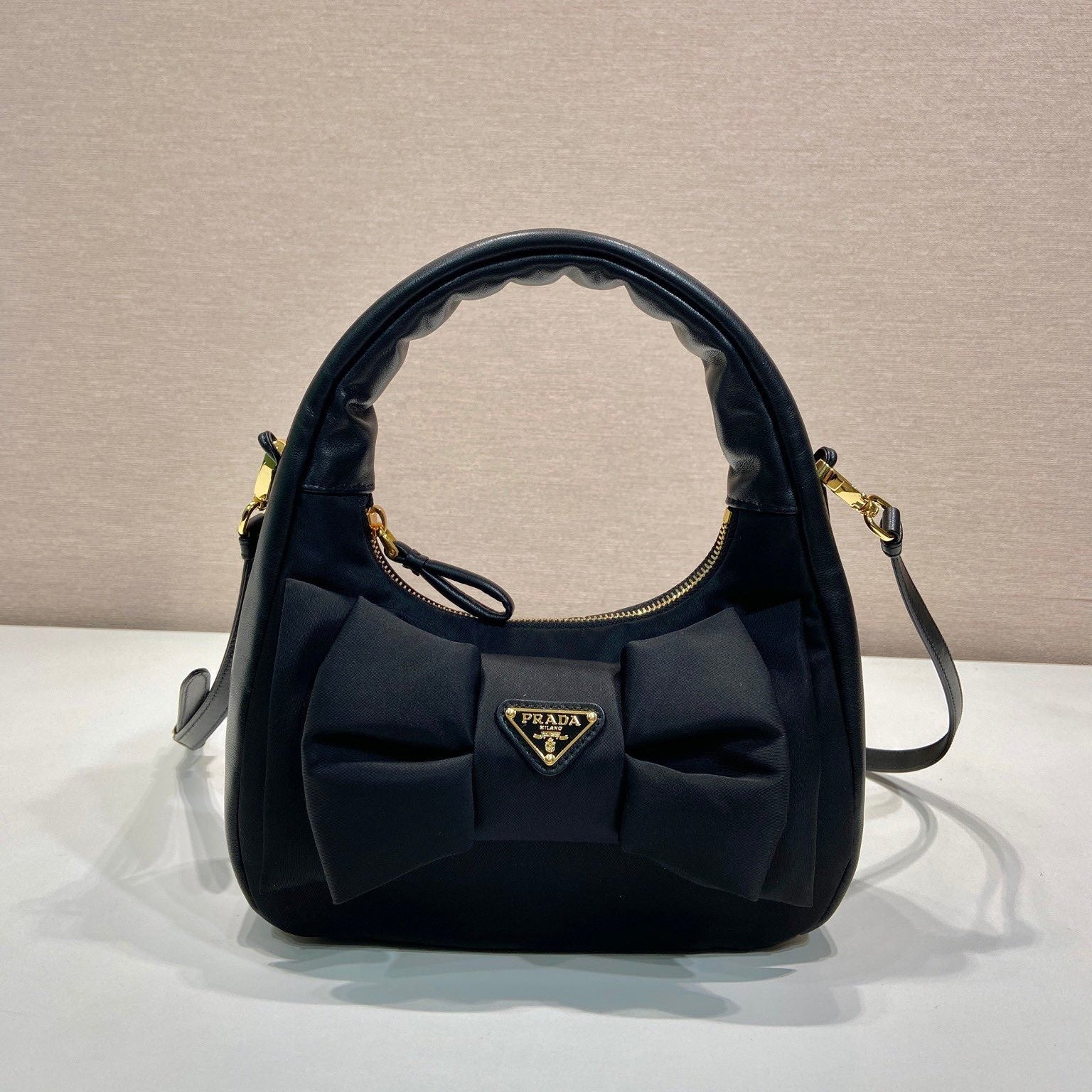 BOW HOBO BAG 22 IN BLACK RE-NYLON AND LAMBSKIN mysite