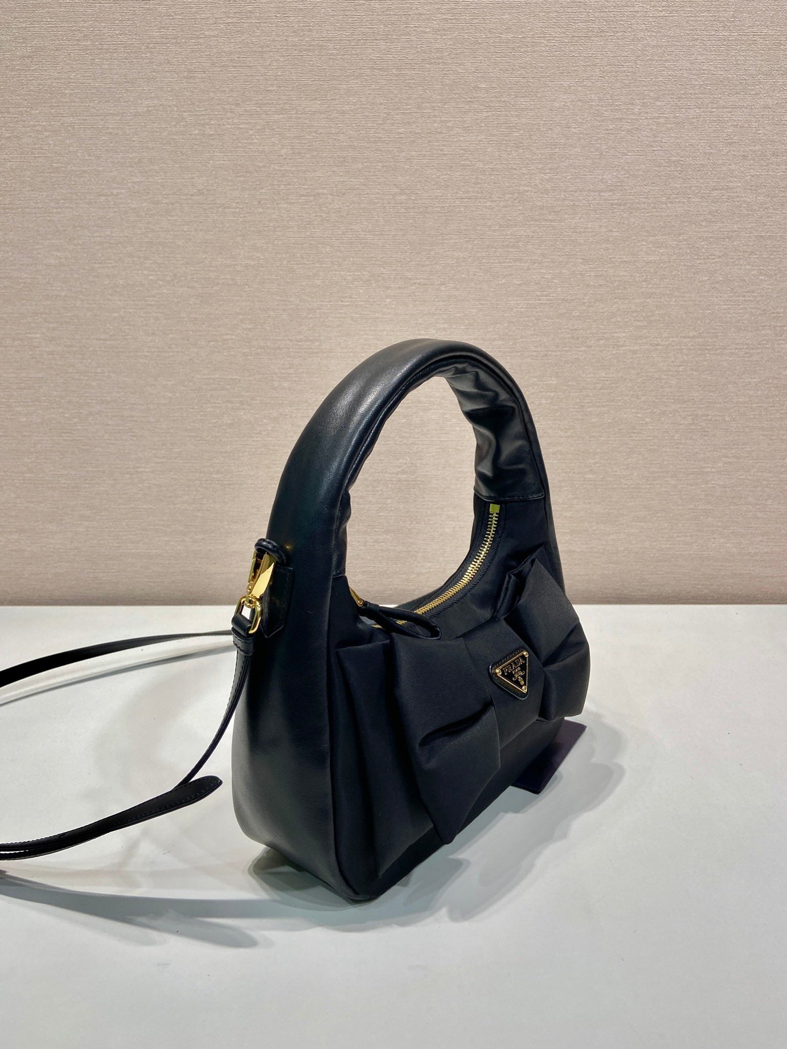 BOW HOBO BAG 22 IN BLACK RE-NYLON AND LAMBSKIN mysite
