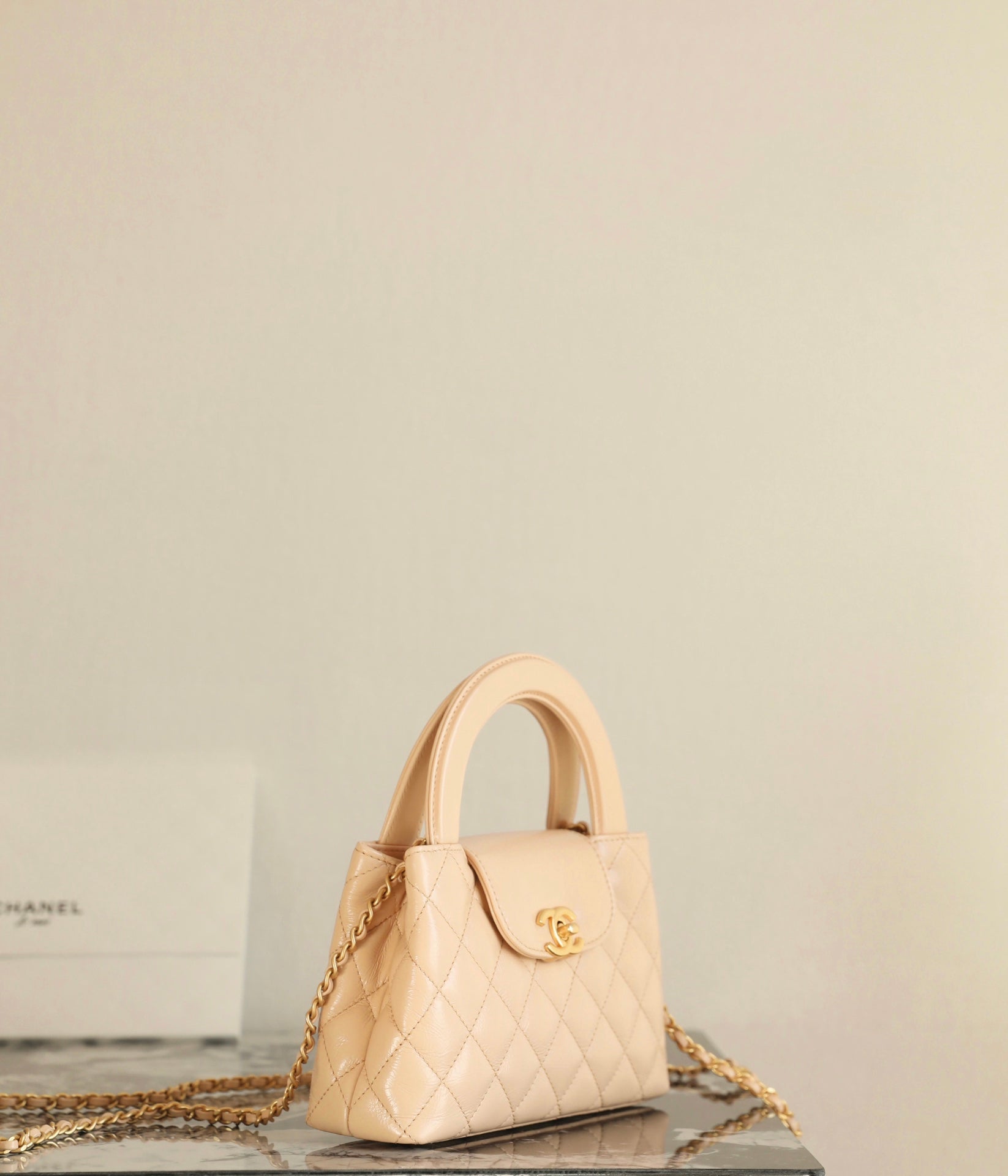 CC 24K Nano 19cm Kelly Shopper Bag Beige Patent Lambskin mysite