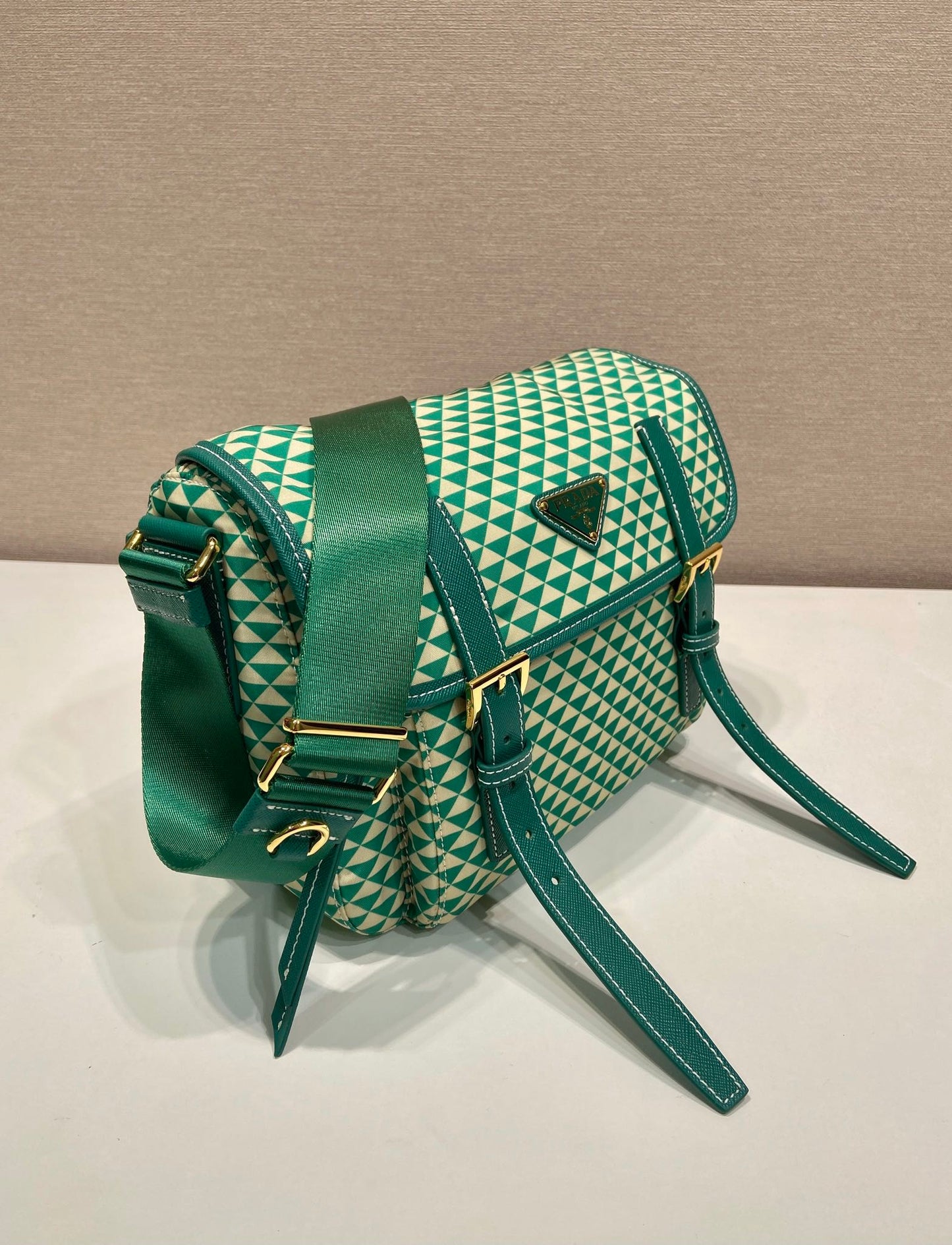 MESSENGER BAG 25 IN FOREST GREEN MIX CREAM TRIANGLE PATTERN EMBROIDERED FABRIC mysite