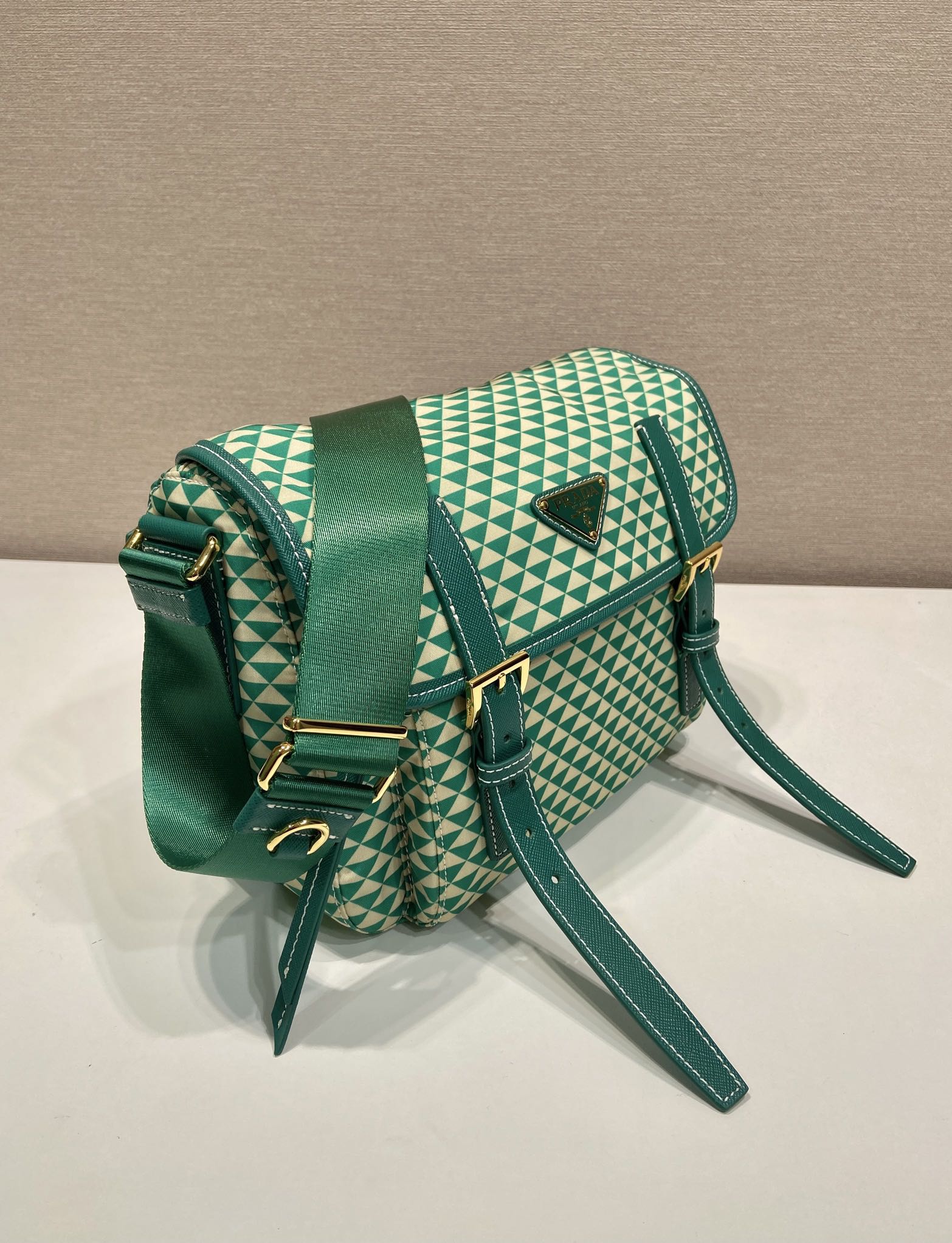 MESSENGER BAG 25 IN FOREST GREEN MIX CREAM TRIANGLE PATTERN EMBROIDERED FABRIC mysite