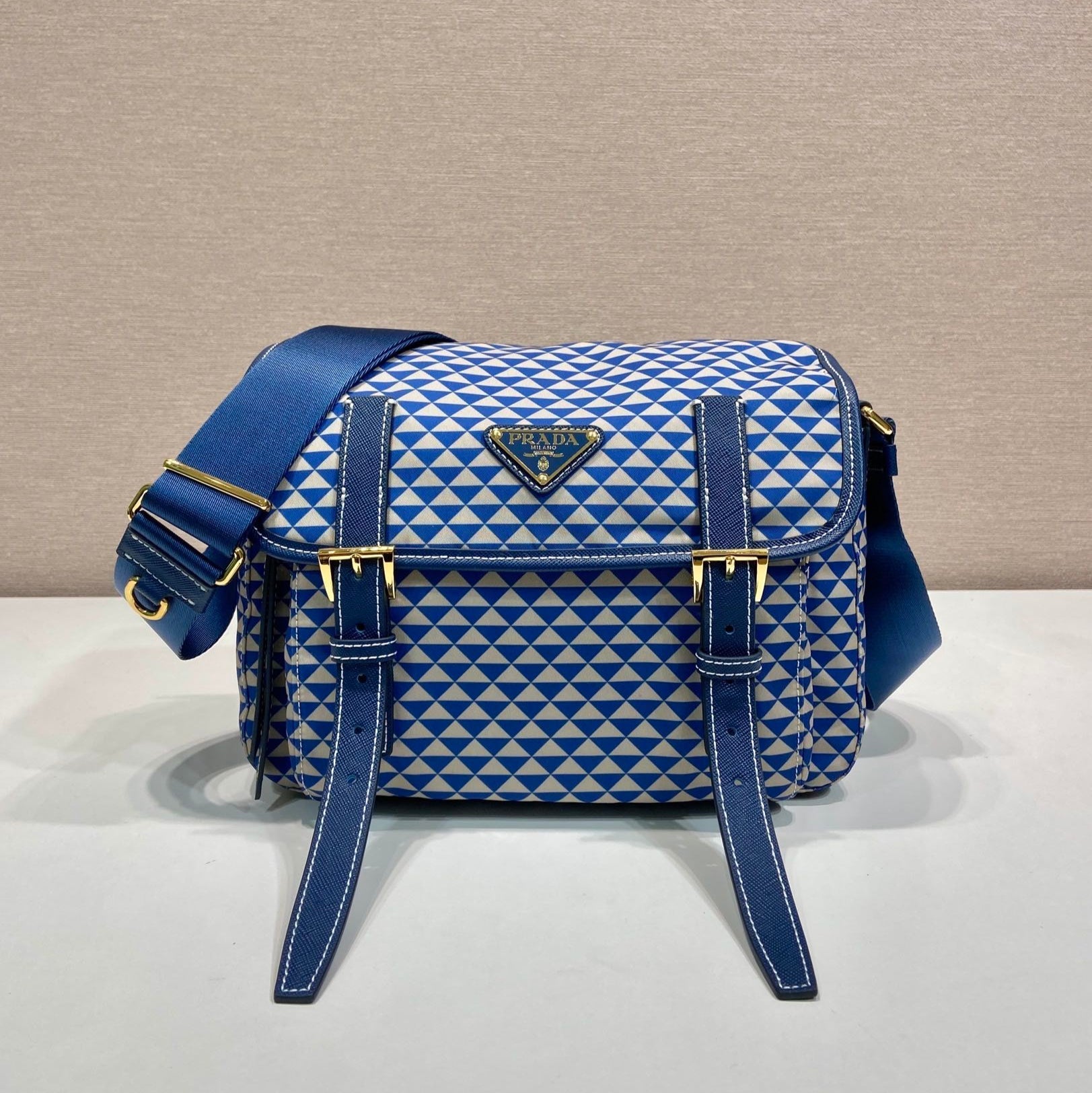 MESSENGER BAG 25 IN BLUE MIX WHITE TRIANGLE PATTERN EMBROIDERED FABRIC mysite