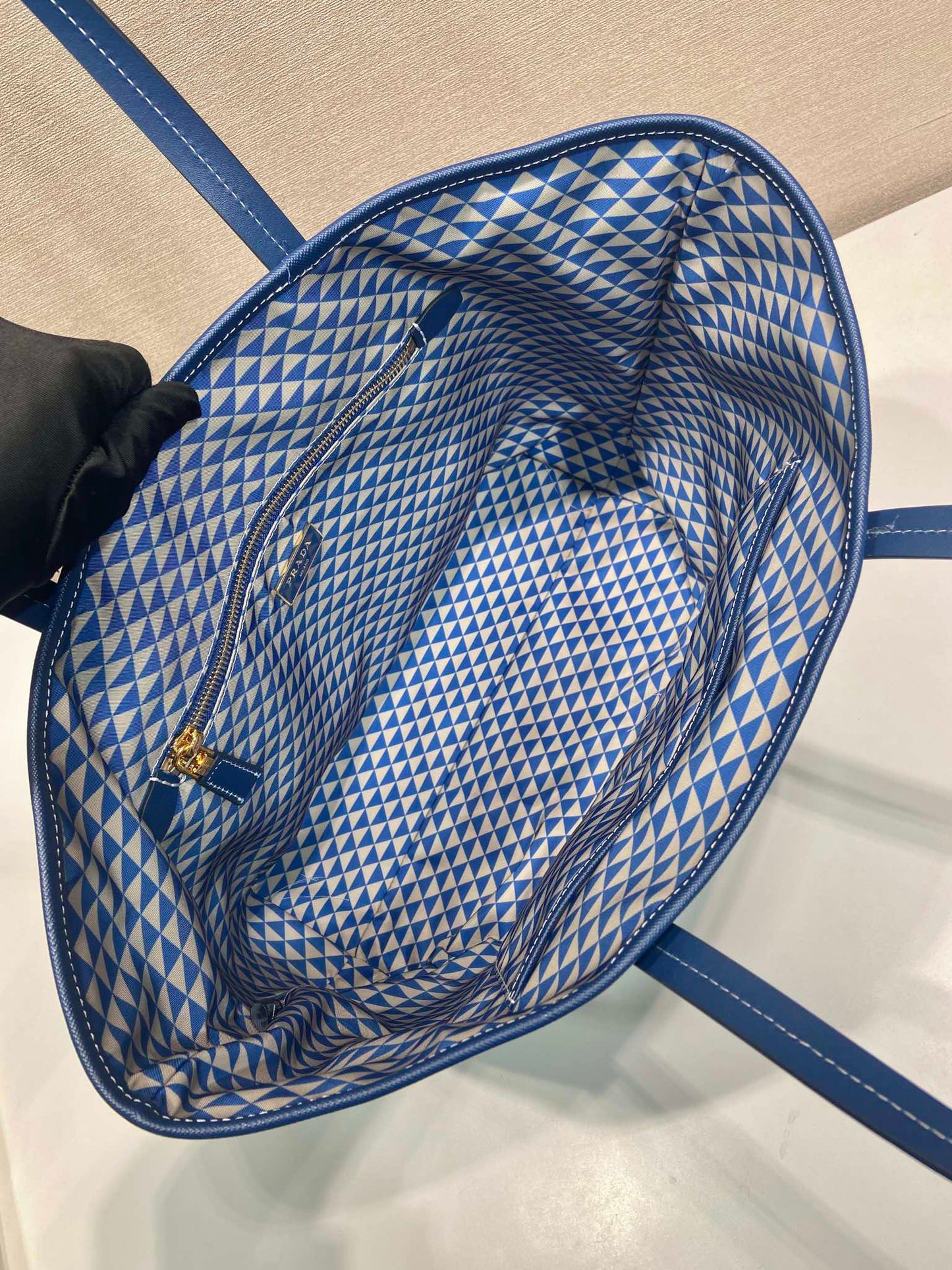 TOTE BAG 33 IN BLUE MIX WHITE TRIANGLE PATTERN EMBROIDERED FABRIC mysite