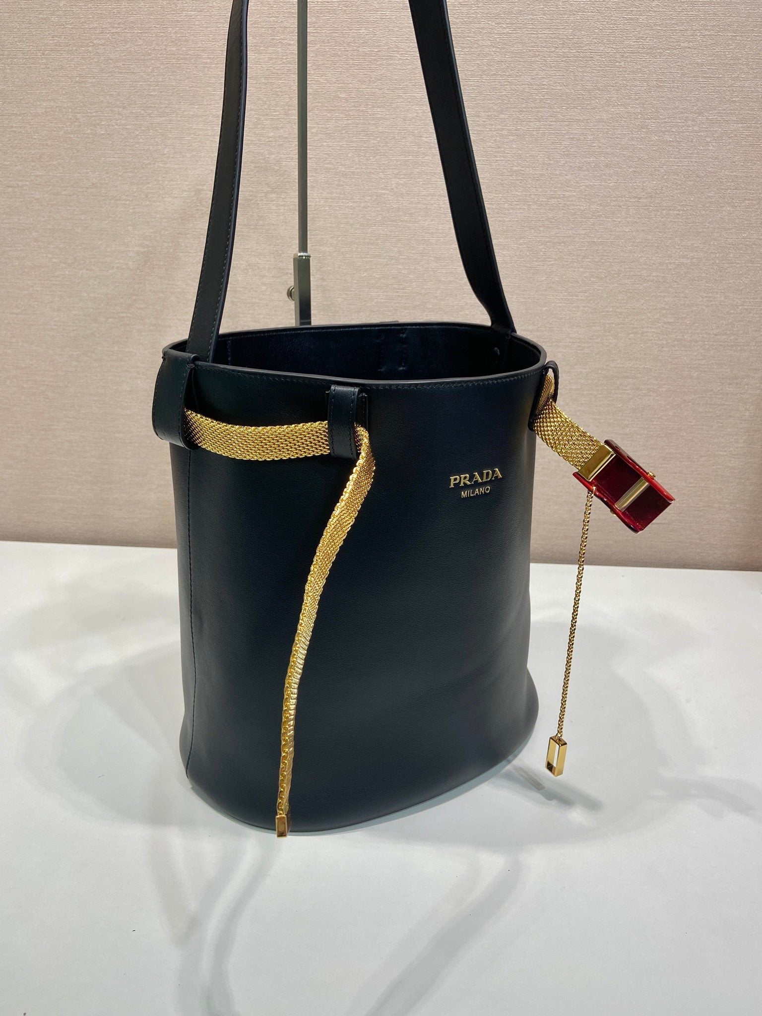 PRA bucket bag iron chain belt black leather 341179 mysite