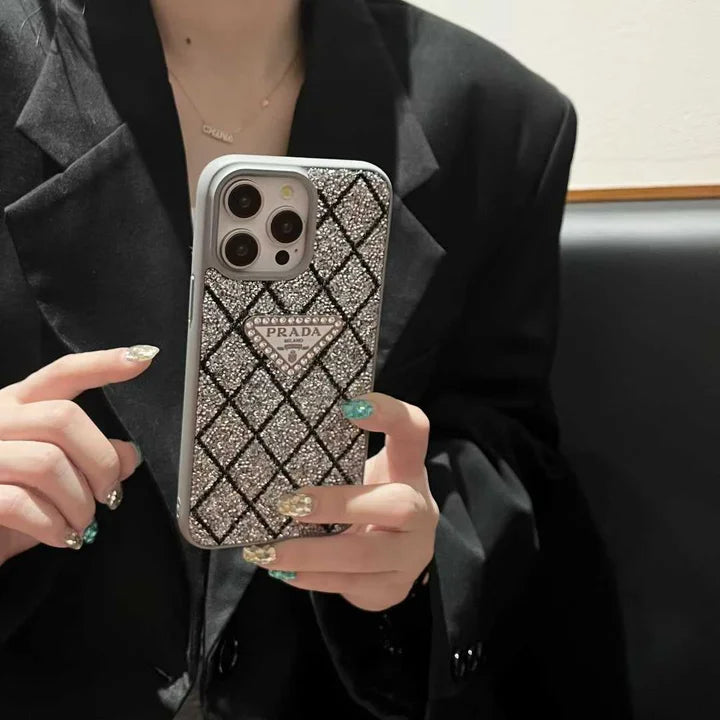 Prada Phone Case with Sparkling Rhinestones For iPhone 17/ 16 / 15 / 14s mysite