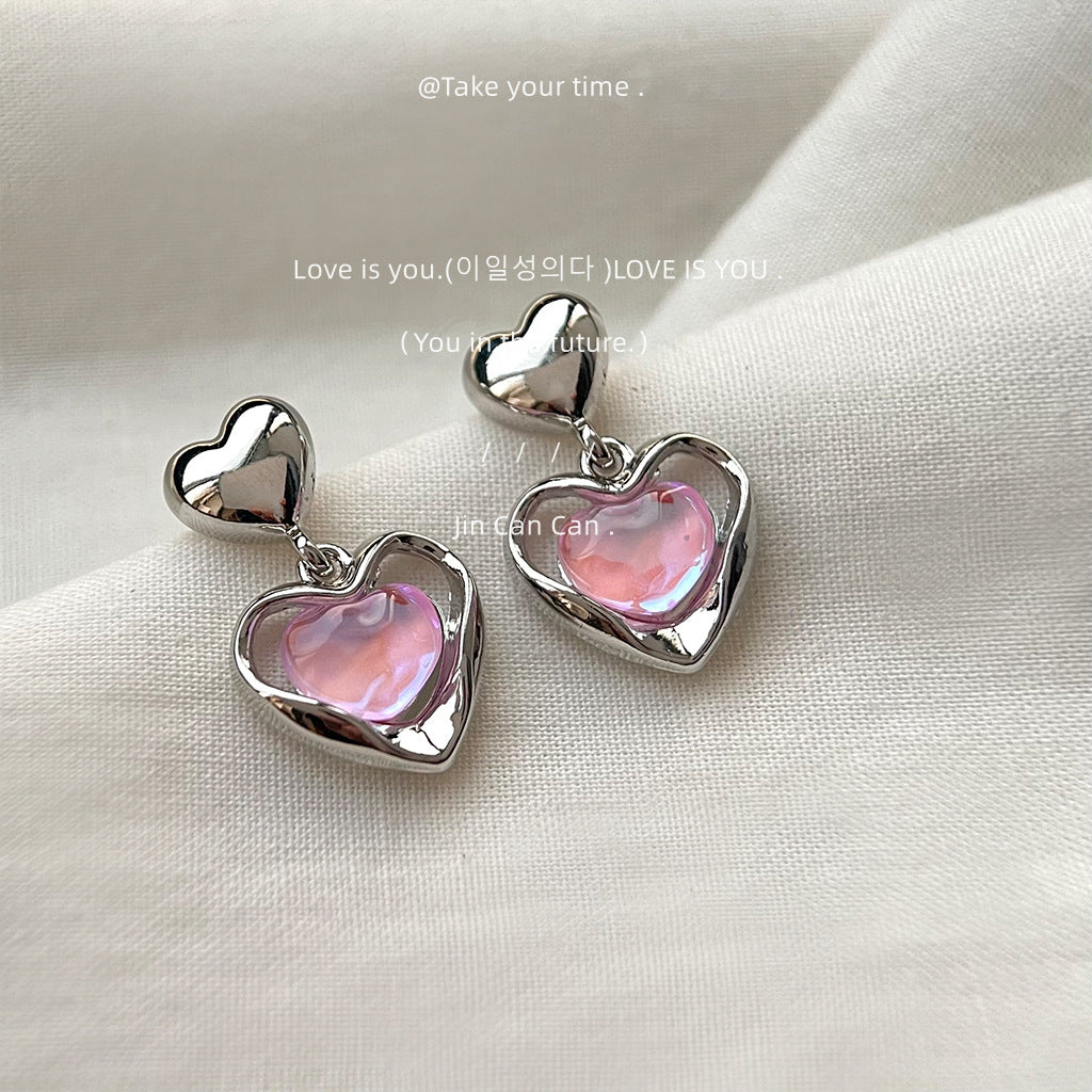 Iridescent Pink Heart Drop Earrings – French Sweet Chic with Edgy Twist accessories mysite