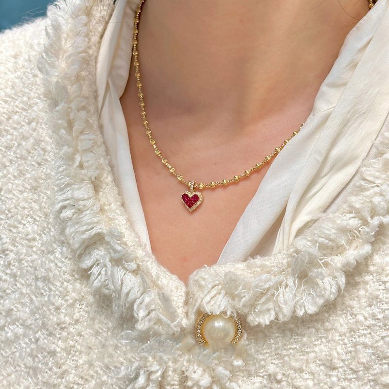 French Luxe Red Heart Pendant Necklace – Dainty Glamour with Full Rhinestones accessoriess mysite