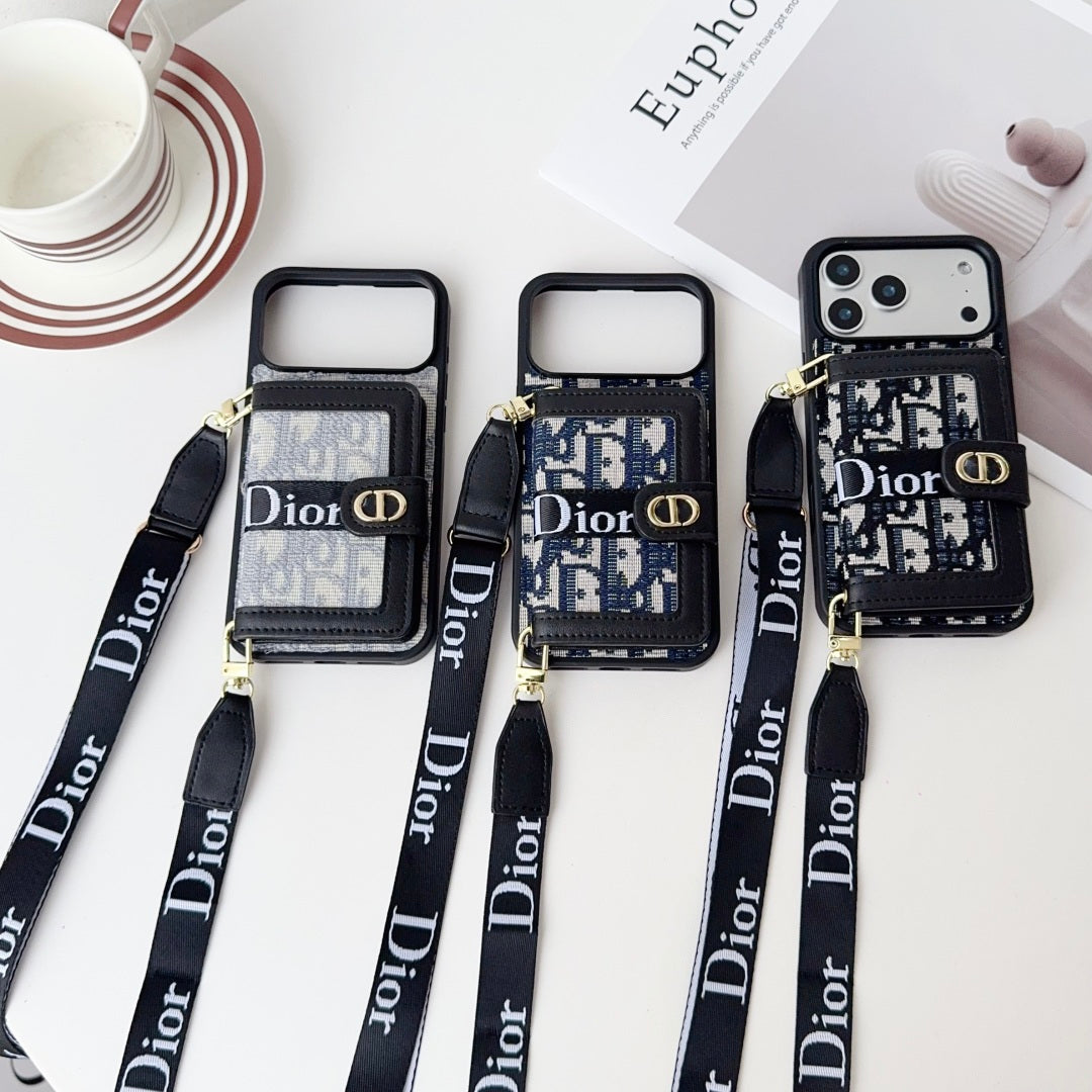Dior Leather Phone Case With Card Wallet And Strap For iPhone 17 / 16 / 15 / 14s mysite