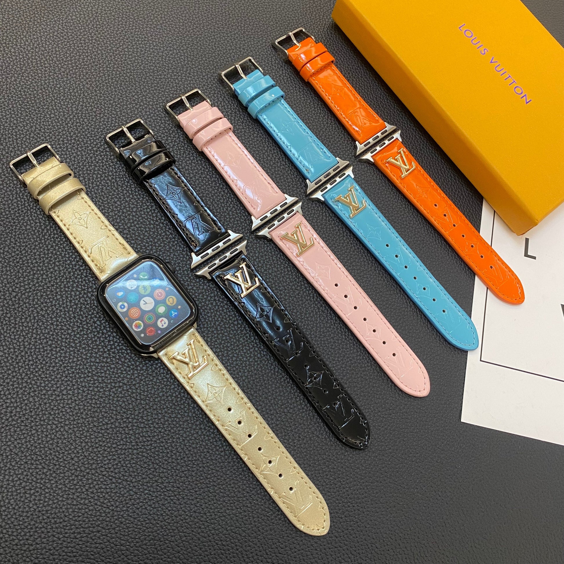 GLOSSY LEATHER APPLE WATCH STRAP LUXURY METAL LOGOs-1 mysite