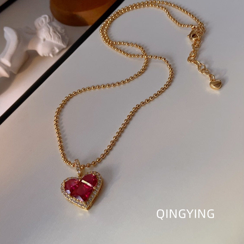 French Luxe Red Heart Pendant Necklace – Dainty Glamour with Full Rhinestones accessoriess mysite