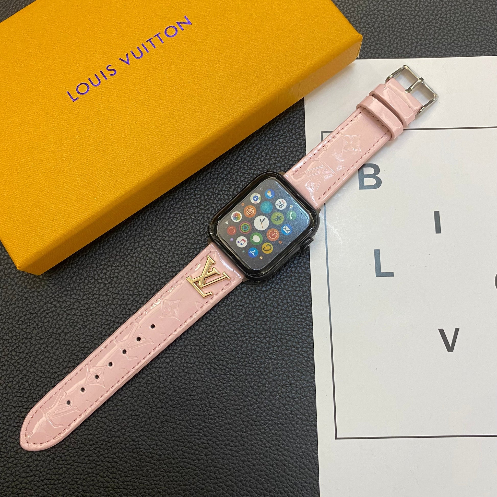 GLOSSY LEATHER APPLE WATCH STRAP LUXURY METAL LOGOs-1 mysite