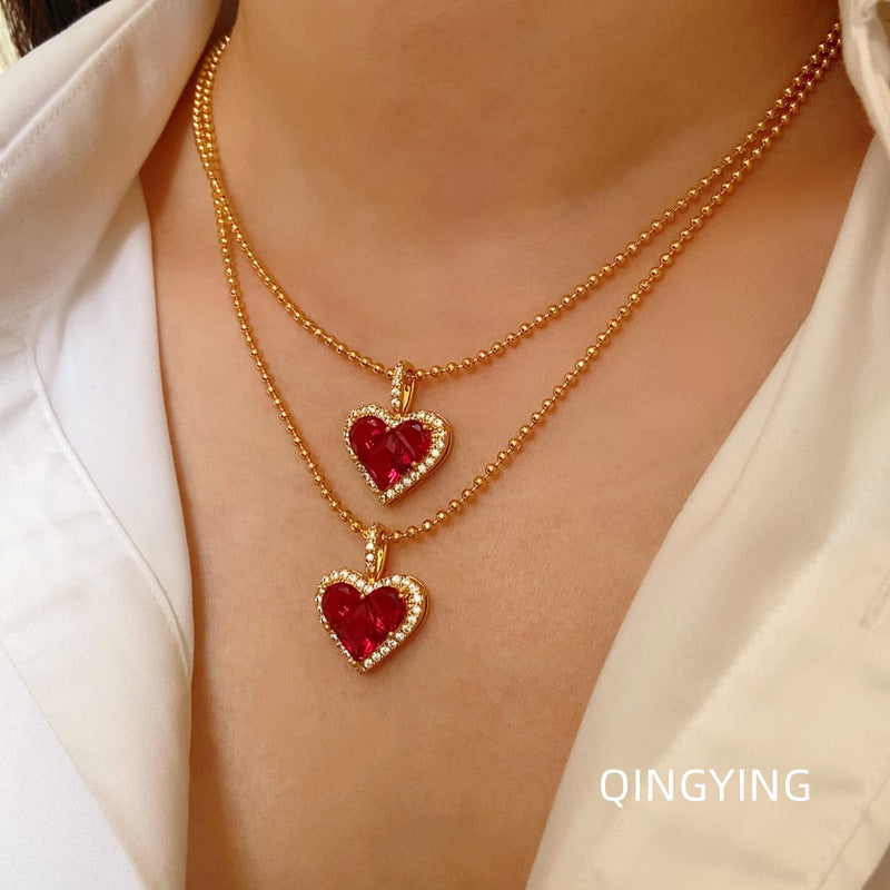 French Luxe Red Heart Pendant Necklace – Dainty Glamour with Full Rhinestones accessoriess mysite