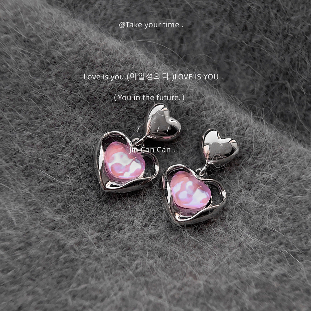 Iridescent Pink Heart Drop Earrings – French Sweet Chic with Edgy Twist accessories mysite